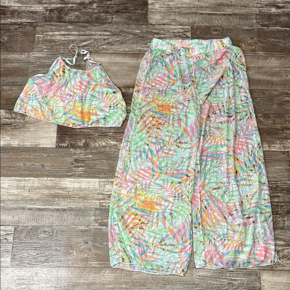 Colorful Tropical Print Halter Swim Suit Coverup Top and Pants Set Size Large
